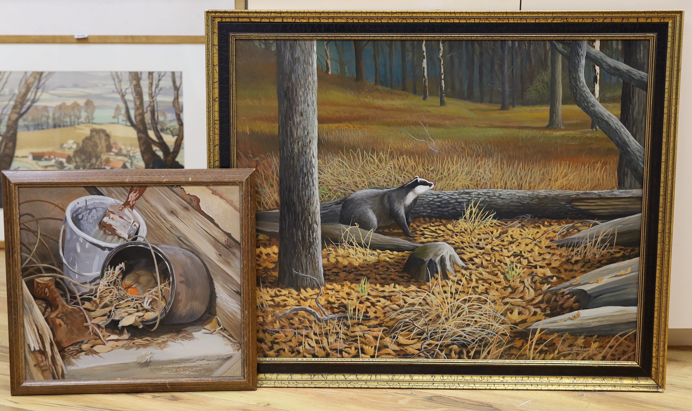 Alan G. Dobbs, oil on board, Badger in woodland, signed and dated 1989, 60 x 75cm and another similar oil of a robin on its nest, signed and dated 1989, 36 x 40cm